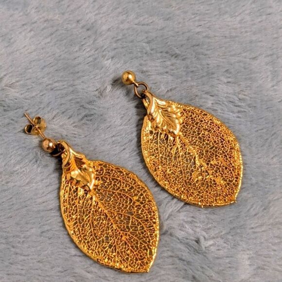 Vintage 80s Silver-plated/Gold Filled Leaf Motif Earrings Made from Real Leaves - Picture 9 of 16